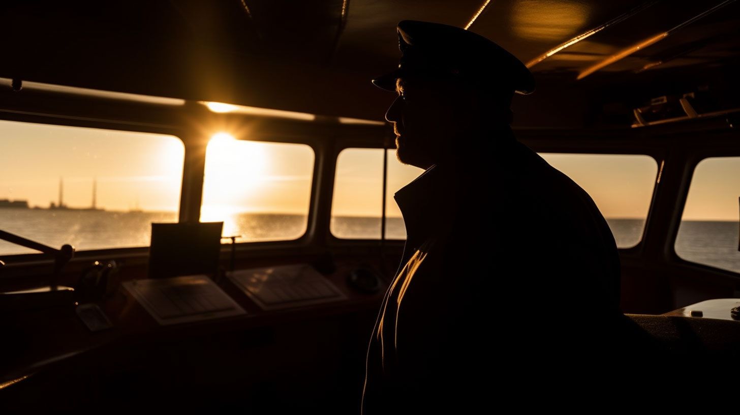 Interior de la timonera de una embarcación al atardecer