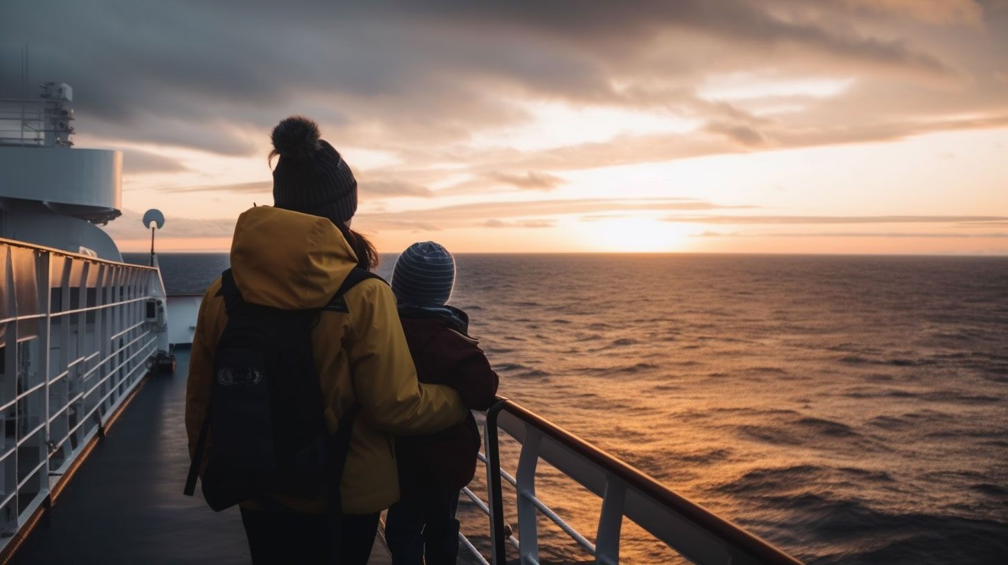 Dos personas de espaldas, en la cubierta de una embarcación, miran el atardecer sobre el agua